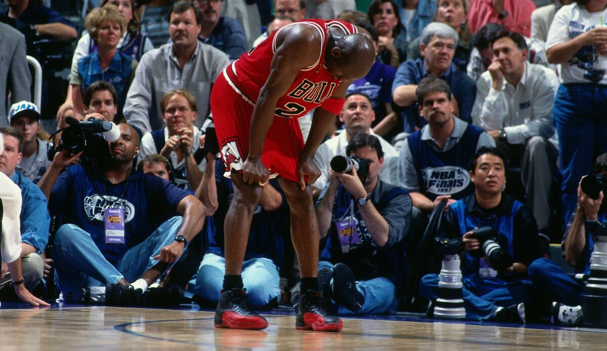 Michael Jordan wearing the Jordan 1 Silver Toe2 in the Flu Game