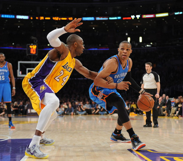 Russell Westbrook and Kobe Bryant in an Air Jordan 3 PE and Nike Kobe 8 System "Lakers" PE, respectively