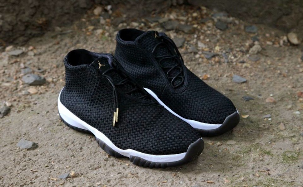 jordan future black white gold