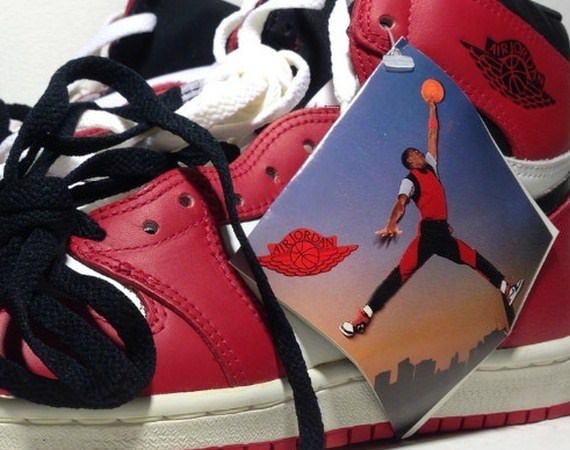 Hangtag from Nike Air Jordan (1985) featuring Michael Jordan doing "Jumpman pose" photographed for Nike