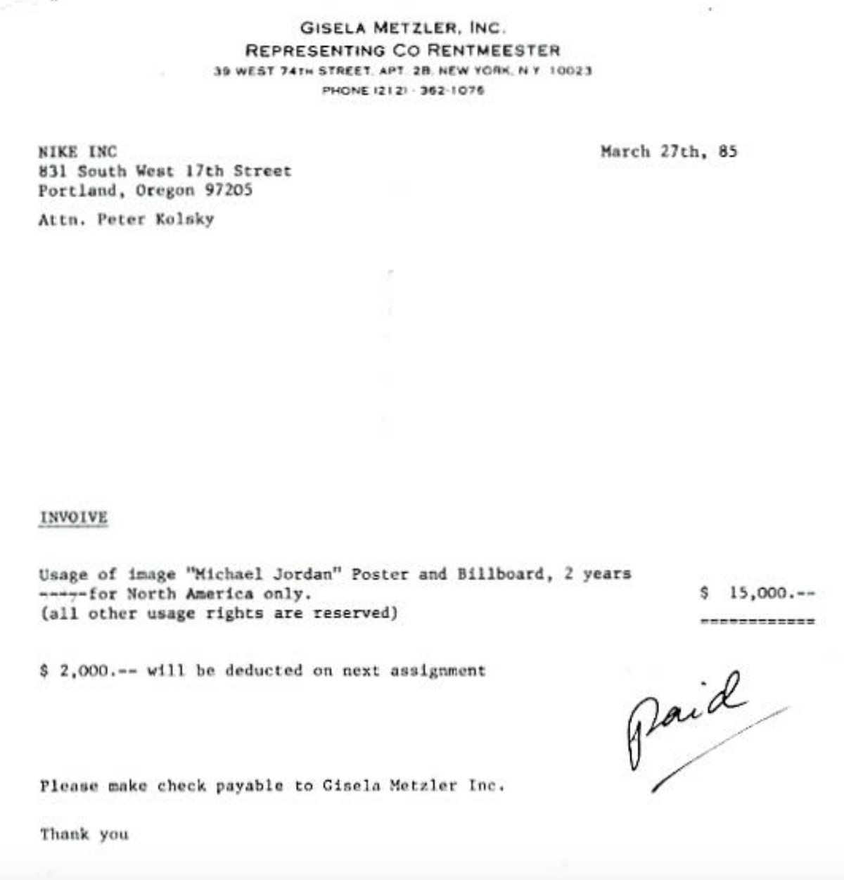 Michael Jordan photo invoice for $15,000 dated March 27, 1985