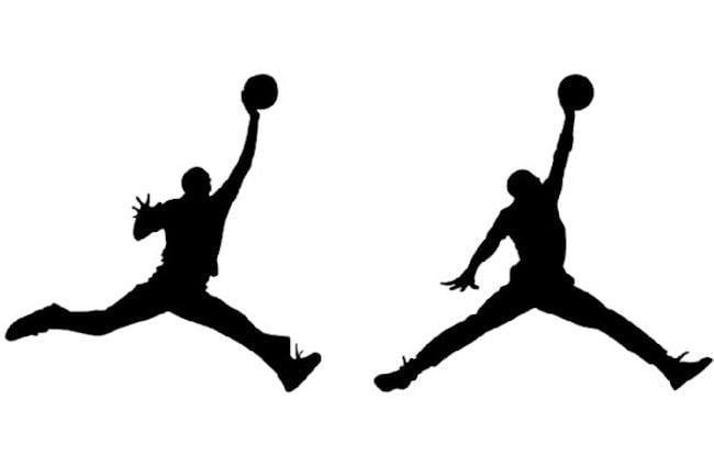 Silhouette of Michael Jordan from photoshoot (left) vs. Jordan "Jumpman" logo (right)