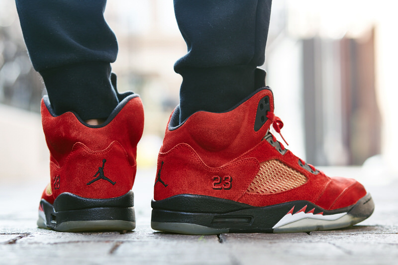 Jordan 5 red suede on sale on feet
