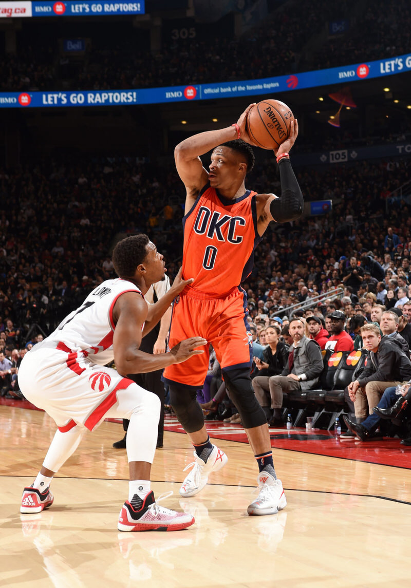 Kyle Lowry and Russell Westbrook in the adidas Crazy Light Boost 2015 and an Air Jordan XXX PE, respectively