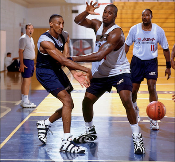 Scottie Pippen wearing the "Olympic" Nike Air More Uptempo