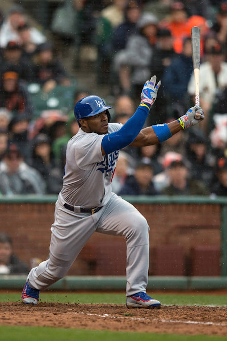 Los Angeles' Yasiel Puig in a Dodgers PE of the Nike Air Huarache 2KFilth