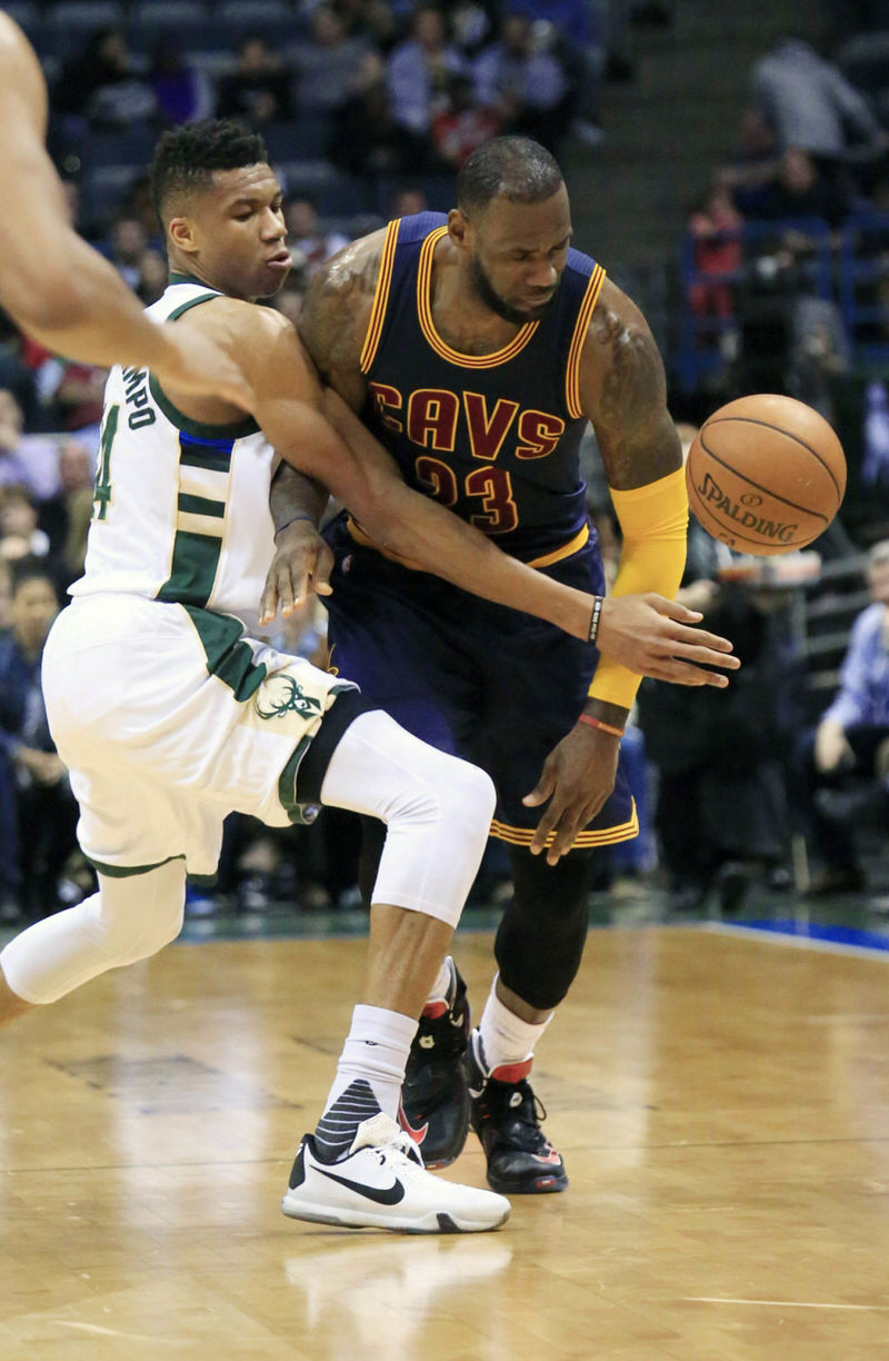 Giannis Antetokounmpo and LeBron James in the Nike Kobe X and a Nike LeBron 13 PE, respectively