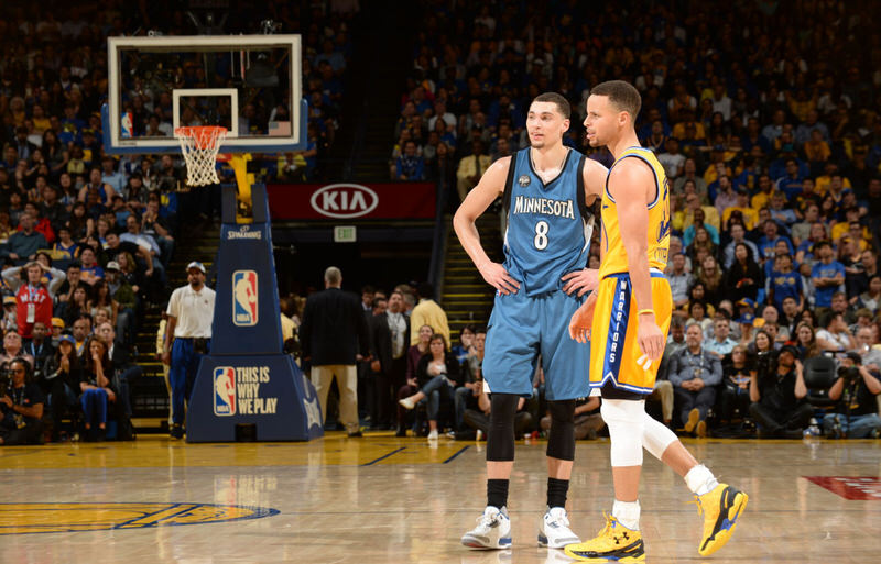 Zach Lavine and Steph Curry in the "True Blue" Air Jordan 3 and an Under Armour Curry Two PE, respectively