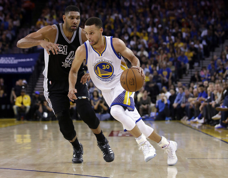 Tim Duncan and Stephen Curry in the adidas CrazyQuick and the Under Armour Curry Two, respectively