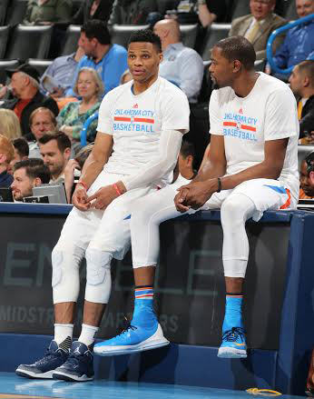 Russell Westbrook and Kevin Durant in an Air Jordan 3 PE and the Nike KD 8 Elite, respectively 