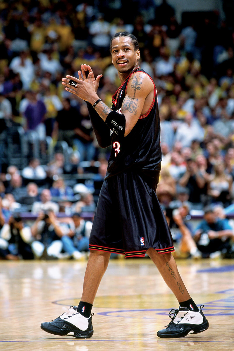 LOS ANGELES - JUNE 8: Allen Iverson #3 of the Philadelphia 76ers claps his hands against the Los Angeles Lakers during game two of the 2001 NBA Finals played June 8, 2001 at the Staples Center in Los Angeles, California. NOTE TO USER: User expressly acknowledges and agrees that, by downloading and/or using this Photograph, user is consenting to the terms and conditions of the Getty Images License Agreement. Mandatory Copyright Notice: Copyright 2001 NBAE (Photo by Nathaniel S. Butler/NBAE via Getty Images)