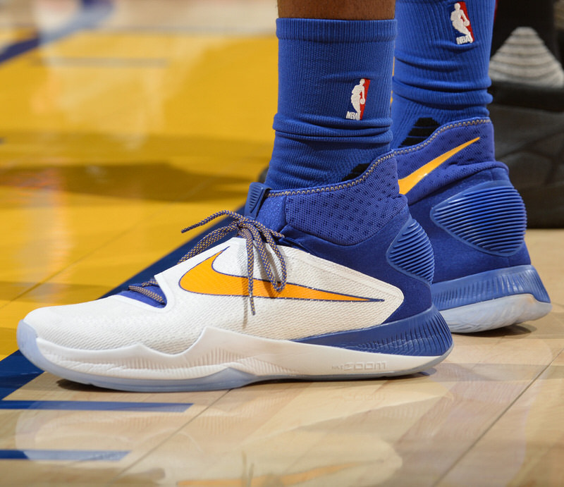 OAKLAND, CA - MAY 30:  The sneakers of Draymond Green #23 of the Golden State Warriors during the game against the Oklahoma City Thunder in Game Seven of the Western Conference Finals during the 2016 NBA Playoffs on May 30, 2016 at ORACLE Arena in Oakland, California. NOTE TO USER: User expressly acknowledges and agrees that, by downloading and or using this photograph, user is consenting to the terms and conditions of Getty Images License Agreement. Mandatory Copyright Notice: Copyright 2016 NBAE (Photo by Noah Graham/NBAE via Getty Images)