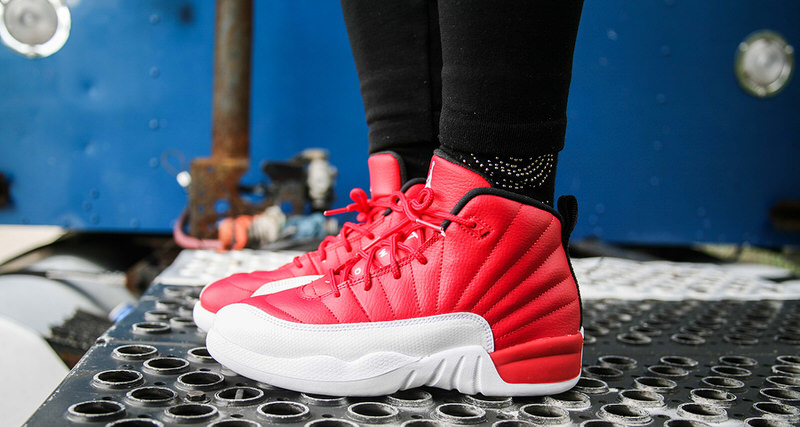 jordan 12 all red on feet