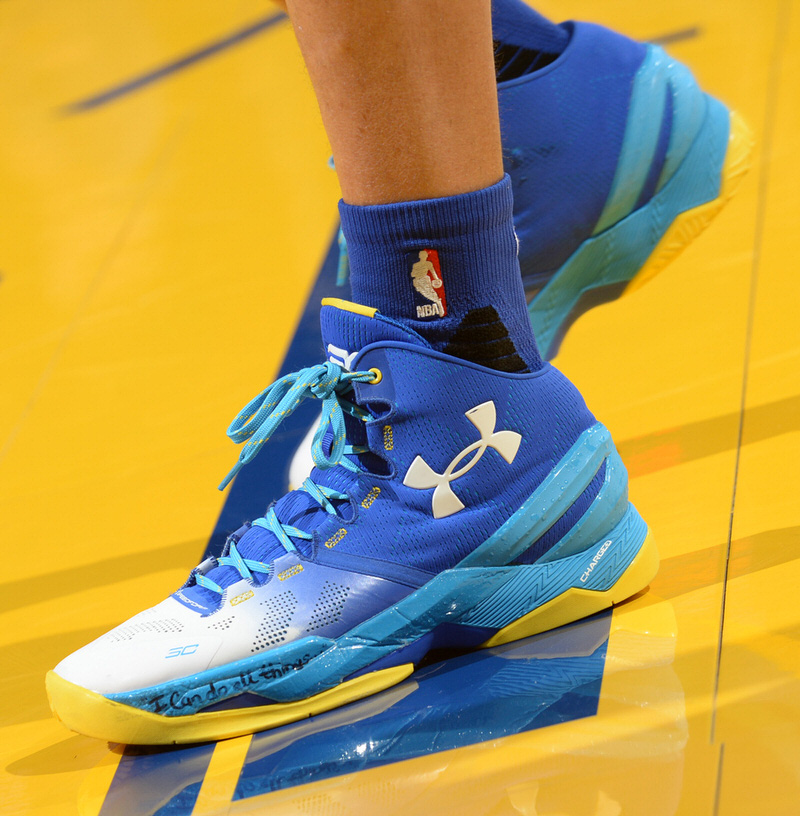 OAKLAND, CA - MAY 30:  The sneakers of Stephen Curry #30 of the Golden State Warriors before the game against the Oklahoma City Thunder in Game Seven of the Western Conference Finals during the 2016 NBA Playoffs on May 30, 2016 at ORACLE Arena in Oakland, California. NOTE TO USER: User expressly acknowledges and agrees that, by downloading and or using this photograph, user is consenting to the terms and conditions of Getty Images License Agreement. Mandatory Copyright Notice: Copyright 2016 NBAE (Photo by Noah Graham/NBAE via Getty Images)