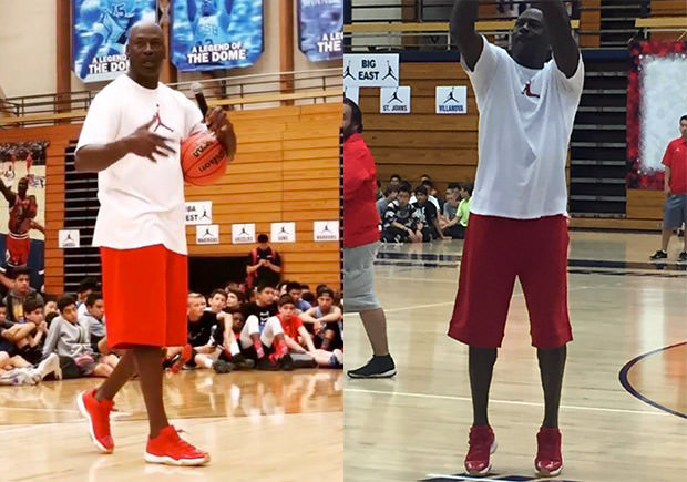 Michael Jordan in a red/gum Air Jordan 11 Low