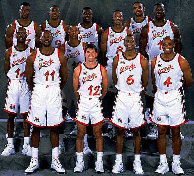 FILE -- These are members of the USA's Dream Team III. Top row from left are: David Robinson, Mitch Richmond, Hakeem Olajuwon, Scottie Pippen, Grant Hill and Shaquille O'Neal. Bottom from left are Gary Payton, Karl Malone, Reggie Miller, John Stockton, Anfernee Hardaway and Charles Barkley. (AP Photo/Andrew D. Bernstein/USAB Photos)