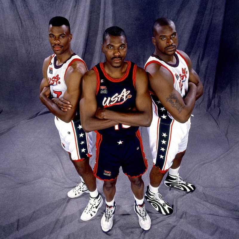 ATLANTA - 1996: (L) David Robinson, Hakeem Olajuwon and Shaquille O'Neal of the USA Men's National Basketball Team pose for a portrait during the 1996 Olympics in Atlanta Georgia. NOTE TO USER: User expressly acknowledges and agrees that, by downloading and or using this Photograph, user is consenting to the terms and conditions of the Getty Images License Agreement. Mandatory Copyright Notice: Copyright 1996 NBAE (Photo by Andrew D. Bernstein/NBAE via Getty Images)