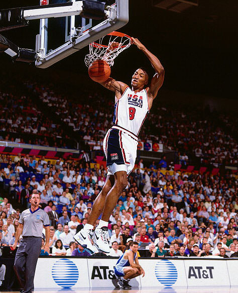 PORTLAND - JUNE 1992: Scottie Pippen #8 of the USA Men's Senior National Team dunks against Argentina during the Men's Tournament of Americas in June of 1992 at the Rose Garden in Portland, Oregon. NOTE TO USER: User expressly acknowledges and agrees that, by downloading and/or using this photograph, user is consenting to the terms and conditions of the Getty Images License Agreement. Mandatory Copyright Notice: Copyright 2011 NBAE (Photo by Nathaniel S. Butler/NBAE via Getty Images)