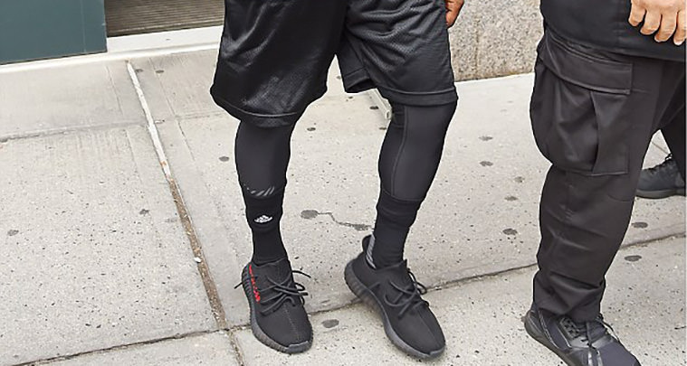Kanye West Steps Out in Black/Red adidas Yeezy Boost 350