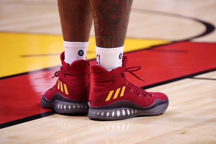 MIAMI, FL -OCTOBER 18: The shoes of James Johnson #16 of the Miami Heat are seen during the game against the Orlando Magic on October 18, 2016 at American Airlines Arena in Miami, Florida. NOTE TO USER: User expressly acknowledges and agrees that, by downloading and or using this Photograph, user is consenting to the terms and conditions of the Getty Images License Agreement. Mandatory Copyright Notice: Copyright 2016 NBAE (Photo by Issac Baldizon/NBAE via Getty Images)