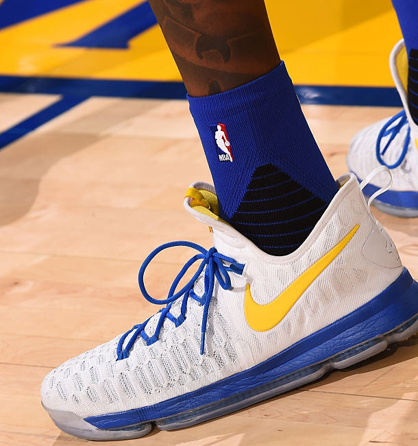 OAKLAND, CA - OCTOBER 4: The sneakers of Kevin Durant #35 of the Golden State Warriors before the game against the Los Angeles Clippers during a preseason game on October 4, 2016 at ORACLE Arena in Oakland, California. NOTE TO USER: User expressly acknowledges and agrees that, by downloading and or using this photograph, user is consenting to the terms and conditions of Getty Images License Agreement. Mandatory Copyright Notice: Copyright 2016 NBAE (Photo by Noah Graham/NBAE via Getty Images)