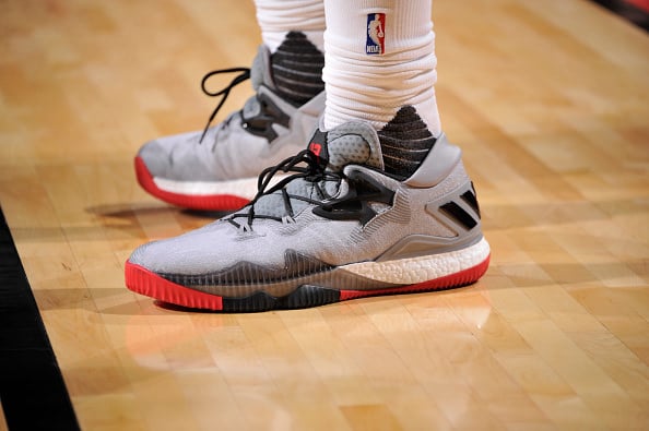 HOUSTON, TX - OCTOBER 4: The sneakers of James Harden #13 of the Houston Rockets during the game against the New York Knicks during a preseason game on October 4, 2016 at the Toyota Center in Houston, Texas. NOTE TO USER: User expressly acknowledges and agrees that, by downloading and or using this photograph, User is consenting to the terms and conditions of the Getty Images License Agreement. Mandatory Copyright Notice: Copyright 2016 NBAE (Photo by Bill Baptist/NBAE via Getty Images)
