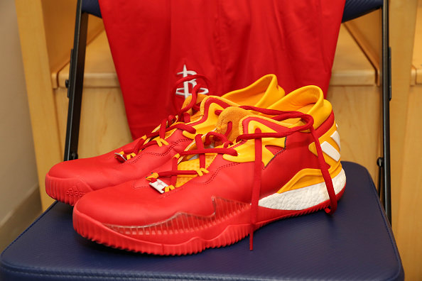 SHANGHAI, CHINA - OCTOBER 9: A view of the sneakers of James Harden of the Houston Rockets as part of the 2016 Global Games - China at the Mercedes Benz Arena on October 9, 2016 in Shanghai, China. NOTE TO USER: User expressly acknowledges and agrees that, by downloading and/or using this photograph, user is consenting to the terms and conditions of the Getty Images License Agreement. Mandatory Copyright Notice: Copyright 2016 NBAE (Photo by Joe Murphy/NBAE via Getty Images)