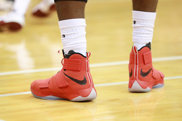 COLUMBUS, OH - OCTOBER 18: The sneakers of LeBron James #23 of the Cleveland Cavaliers are seen during a preseason game against the Washington Wizards on October 18, 2015 at Value City Arena in Columbus, Ohio. NOTE TO USER: User expressly acknowledges and agrees that, by downloading and/or using this Photograph, user is consenting to the terms and conditions of the Getty Images License Agreement. Mandatory Copyright Notice: Copyright 2016 NBAE (Photo by Jeff Haynes/NBAE via Getty Images)