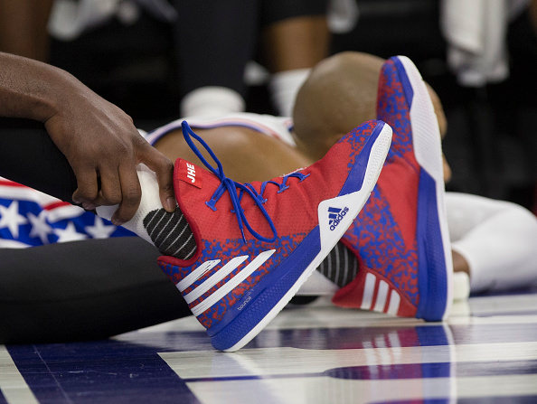 PHILADELPHIA, PA - OCTOBER 15: Sneaker detail of Joel Embiid #21 of the Philadelphia 76ers during the game against the Detroit Pistons at Wells Fargo Center on October 15, 2016 in Philadelphia, Pennsylvania. The Pistons defeated the 76ers 97-76. NOTE TO USER: User expressly acknowledges and agrees that, by downloading and or using this photograph, User is consenting to the terms and conditions of the Getty Images License Agreement. (Photo by Mitchell Leff/Getty Images)