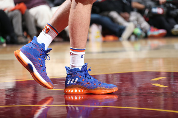 CLEVELAND, OH - OCTOBER 25: A view of the sneakers of Kristaps Porzingis of the New York Knicks during a game against the Cleveland Cavaliers on October 25, 2016 at Quicken Loans Arena in Cleveland, Ohio. NOTE TO USER: User expressly acknowledges and agrees that, by downloading and or using this Photograph, user is consenting to the terms and conditions of the Getty Images License Agreement. Mandatory Copyright Notice: Copyright 2016 NBAE (Photo by Nathaniel S. Butler/NBAE via Getty Images)