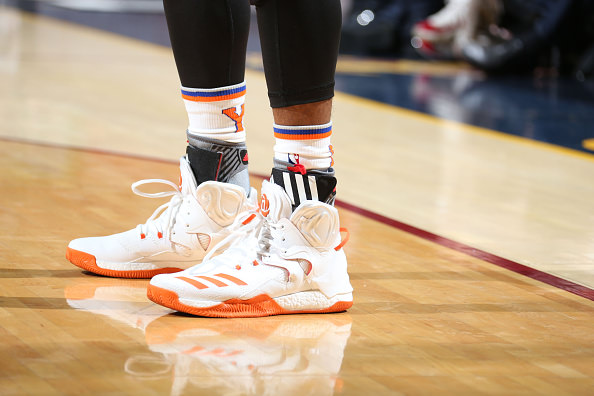 CLEVELAND, OH - OCTOBER 25: A view of the sneakers of Derrick Rose #25 of the New York Knicks during a game against the Cleveland Cavaliers on October 25, 2016 at Quicken Loans Arena in Cleveland, Ohio. NOTE TO USER: User expressly acknowledges and agrees that, by downloading and or using this Photograph, user is consenting to the terms and conditions of the Getty Images License Agreement. Mandatory Copyright Notice: Copyright 2016 NBAE (Photo by Nathaniel S. Butler/NBAE via Getty Images)
