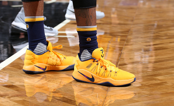 BROOKLYN, NY - OCTOBER 28: The sneakers of Paul George #13 of the Indiana Pacers during a game against the Brooklyn Nets on October 28, 2016 at Barclays Center in Brooklyn, New York. NOTE TO USER: User expressly acknowledges and agrees that, by downloading and or using this photograph, user is consenting to the terms and conditions of the Getty Images License Agreement. Mandatory Copyright Notice: Copyright 2016 NBAE (Photo by Nathaniel S. Butler/NBAE via Getty Images)