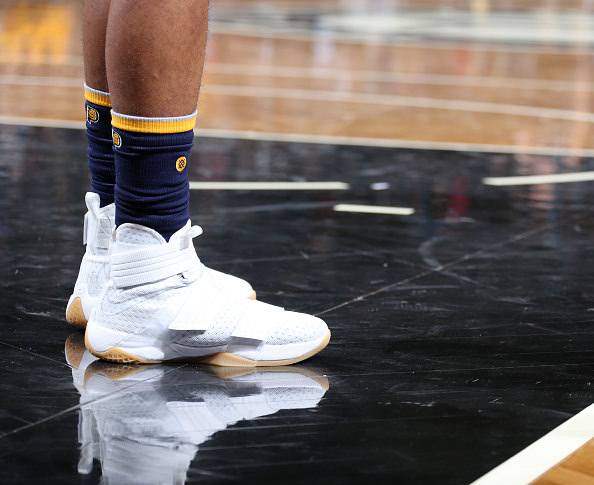 BROOKLYN, NY - OCTOBER 28: The sneakers of Jeff Teague #44 of the Indiana Pacers are seen during a game against the Brooklyn Nets on October 28, 2016 at Barclays Center in Brooklyn, New York. NOTE TO USER: User expressly acknowledges and agrees that, by downloading and or using this photograph, user is consenting to the terms and conditions of the Getty Images License Agreement. Mandatory Copyright Notice: Copyright 2016 NBAE (Photo by Nathaniel S. Butler/NBAE via Getty Images)