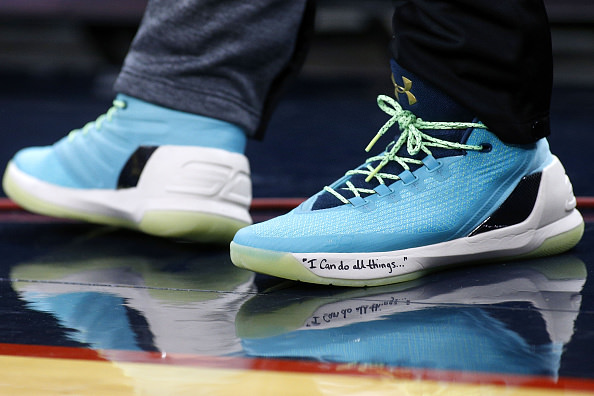 NEW ORLEANS, LA - OCTOBER 28: Under Armour shoes are seen worn by Stephen Curry #30 of the Golden State Warriors during a game against the New Orleans Pelicans at the Smoothie King Center on October 28, 2016 in New Orleans, Louisiana. NOTE TO USER: User expressly acknowledges and agrees that, by downloading and or using this photograph, User is consenting to the terms and conditions of the Getty Images License Agreement. (Photo by Jonathan Bachman/Getty Images)