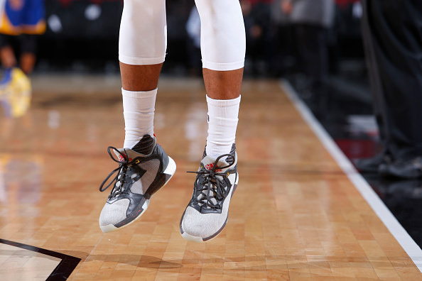 PORTLAND, OR - NOVEMBER 1: A view of the sneakers of Damian Lillard #0 of the Portland Trail Blazers prior to the game against the Golden State Warriors on November 1, 2016 at the Moda Center in Portland, Oregon. NOTE TO USER: User expressly acknowledges and agrees that, by downloading and or using this Photograph, user is consenting to the terms and conditions of the Getty Images License Agreement. Mandatory Copyright Notice: Copyright 2016 NBAE (Photo by Sam Forencich/NBAE via Getty Images)