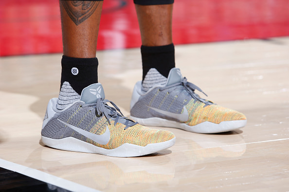 PORTLAND, OR - NOVEMBER 1: A view of the sneakers of Andre Iguodala #9 of the Golden State Warriors in the game against the Portland Trail Blazers on November 1, 2016 at the Moda Center in Portland, Oregon. NOTE TO USER: User expressly acknowledges and agrees that, by downloading and or using this Photograph, user is consenting to the terms and conditions of the Getty Images License Agreement. Mandatory Copyright Notice: Copyright 2016 NBAE (Photo by Sam Forencich/NBAE via Getty Images)