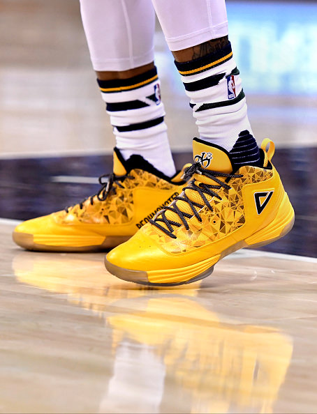 SALT LAKE CITY, UT - NOVEMBER 02: Tight shot of Peak shoes worn by George Hill #3 of the Utah Jazz during the game between the Jazz and the Dallas Mavericks at Vivint Smart Home Arena on November 2, 2016 in Salt Lake City, Utah. NOTE TO USER: User expressly acknowledges and agrees that, by downloading and or using this photograph, User is consenting to the terms and conditions of the Getty Images License Agreement. (Photo by Gene Sweeney Jr/Getty Images)