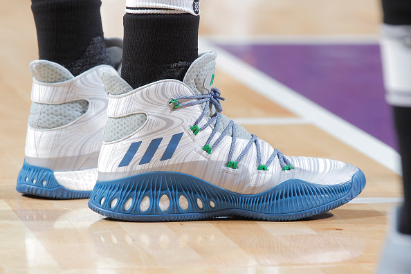SACRAMENTO, CA - OCTOBER 29: The shoes belonging to Andrew Wiggins #22 of the Minnesota Timberwolves in a game against the Sacramento Kings on October 29, 2016 at Golden 1 Center in Sacramento, California. NOTE TO USER: User expressly acknowledges and agrees that, by downloading and or using this photograph, User is consenting to the terms and conditions of the Getty Images Agreement. Mandatory Copyright Notice: Copyright 2016 NBAE (Photo by Rocky Widner/NBAE via Getty Images)