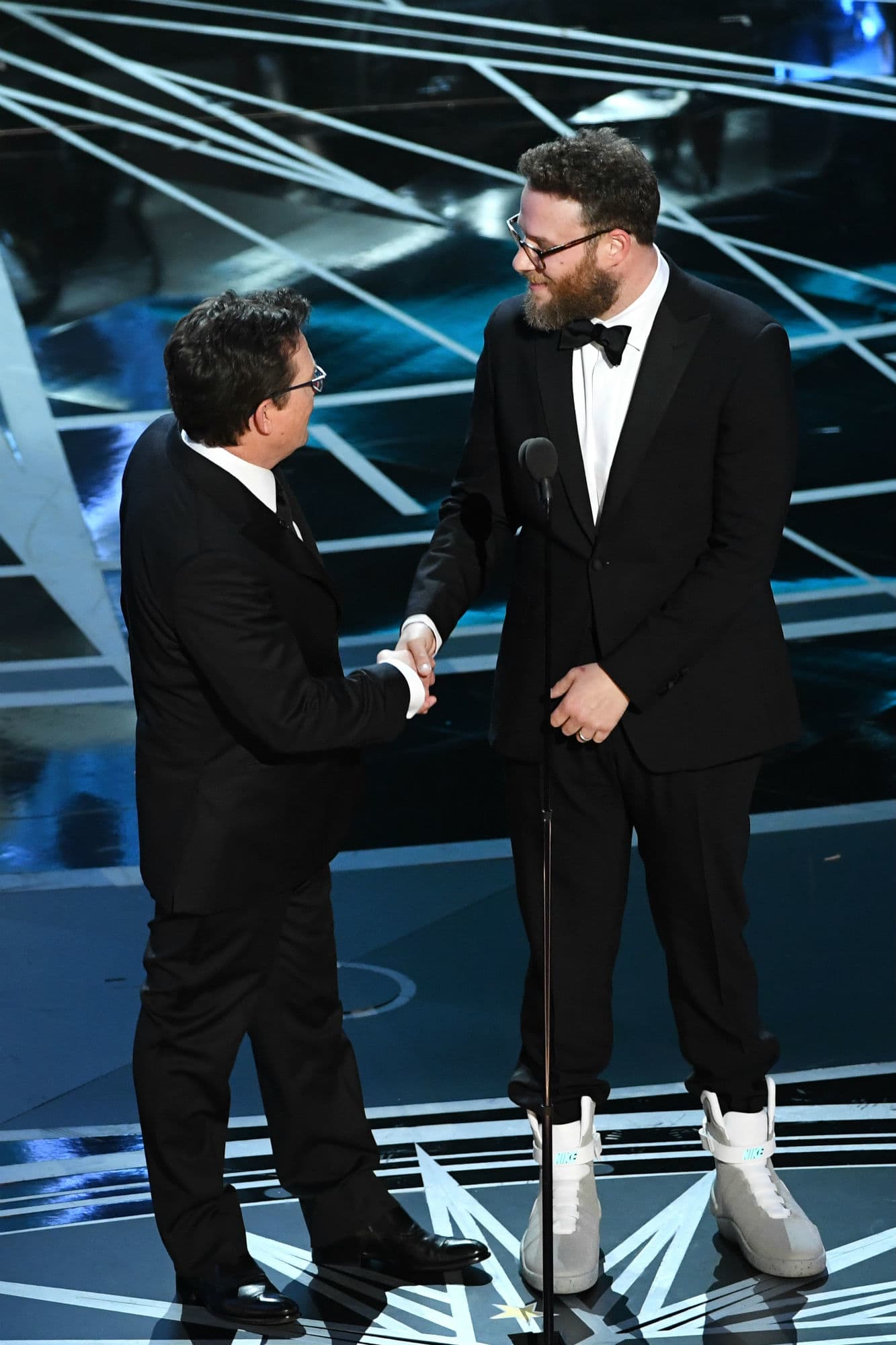 Seth Rogan Hit the Oscars Stage with Michael J. Fox in the Nike MAG