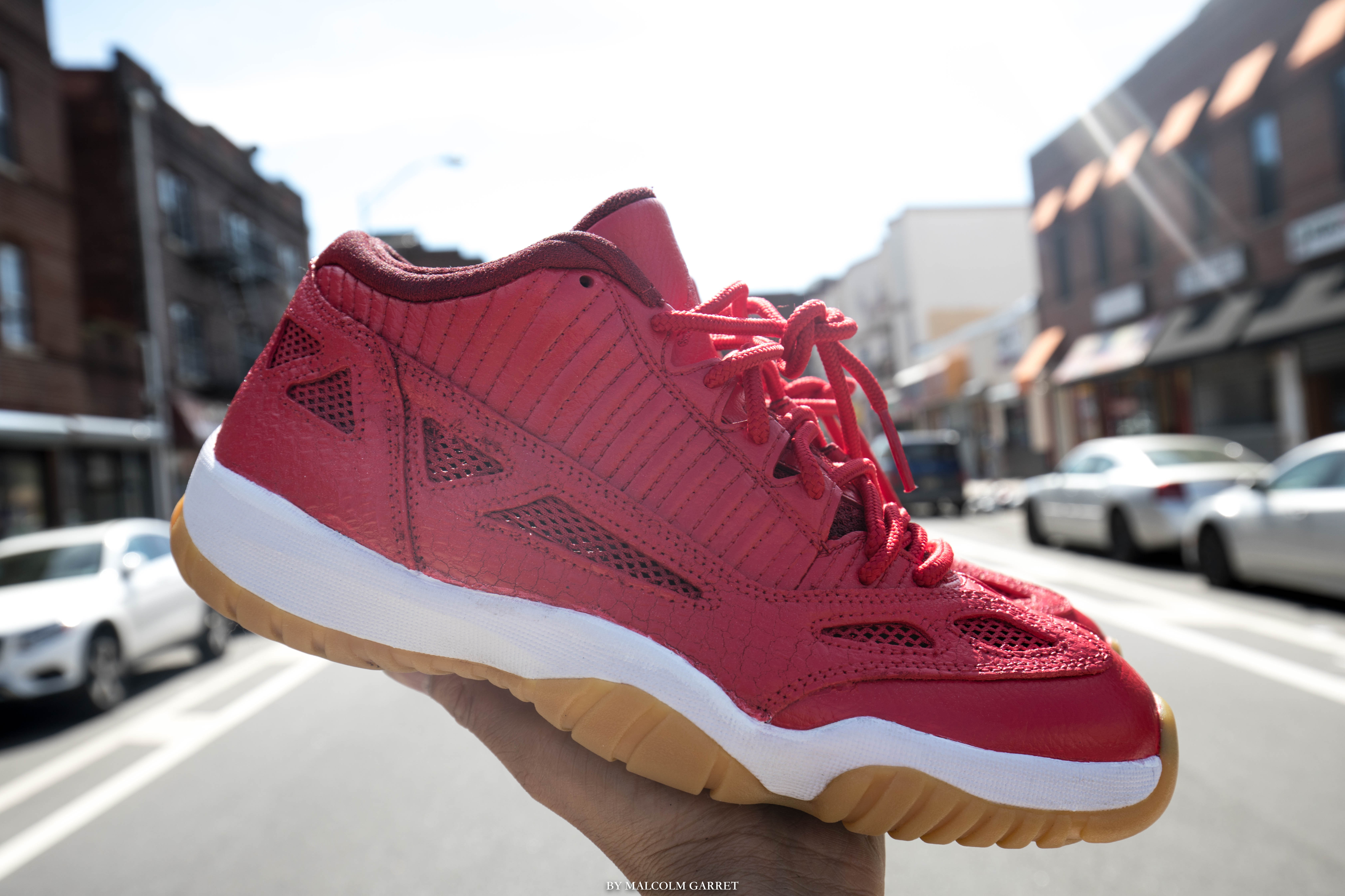 Red Leather & Gum Soles Redress this Air Jordan 11 Low IE Custom