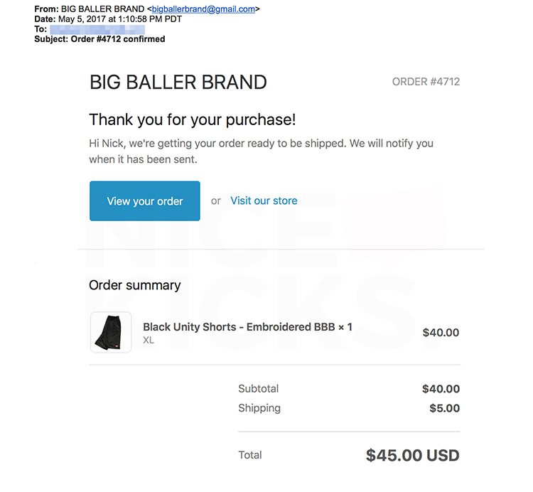 Nick DePaula's receipt from Big Baller Brand