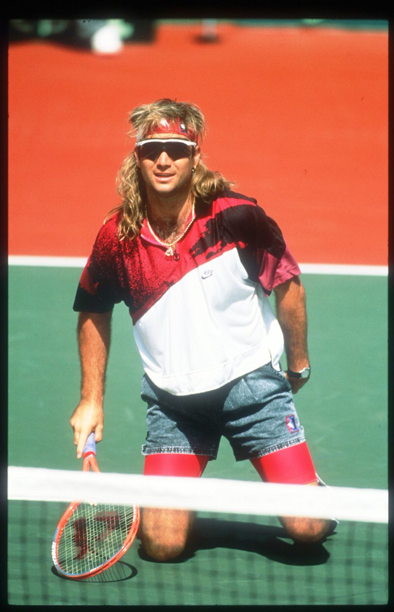It's as if Agassi predicted the future of style. Wild patterns are back and so are Razor Blade sunglasses.