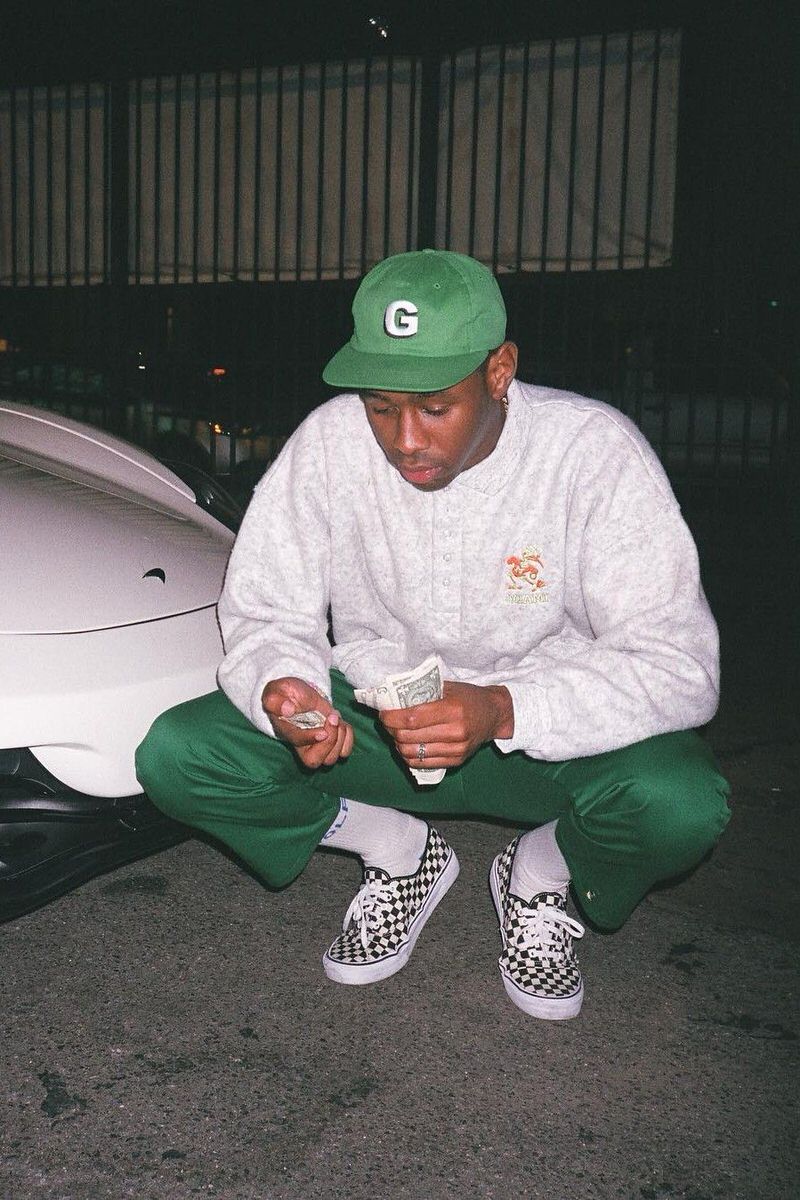 G is for matching green hats with green pants. Throw in a pair of checkered Vans and your look is money.