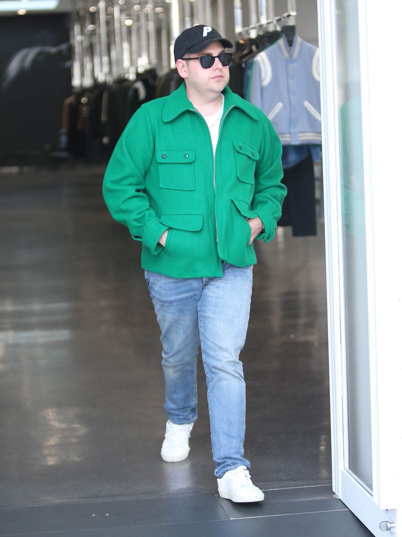 Jonah Hill shakes up the look of the everyday jacket with a bright hit of green.
