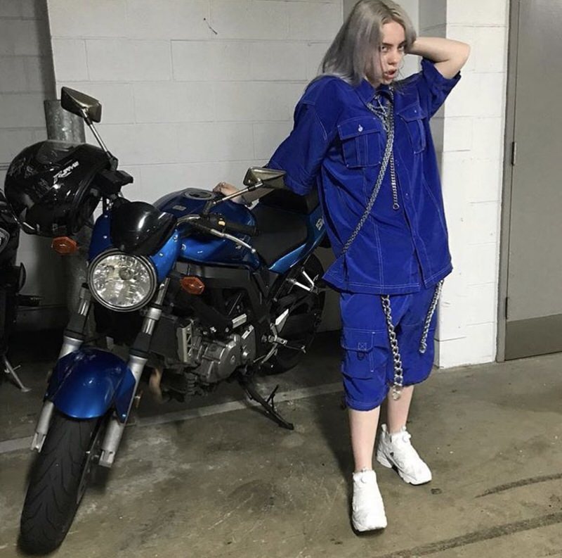 Better if it's all blue. Billie Eilish wears VETEMENTS x Reebok InstaPump Fury sneakers.