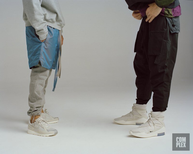 The shoe design might be forward, but it's a neutral tone that's camouflaged by his technical Fear of God outerwear.