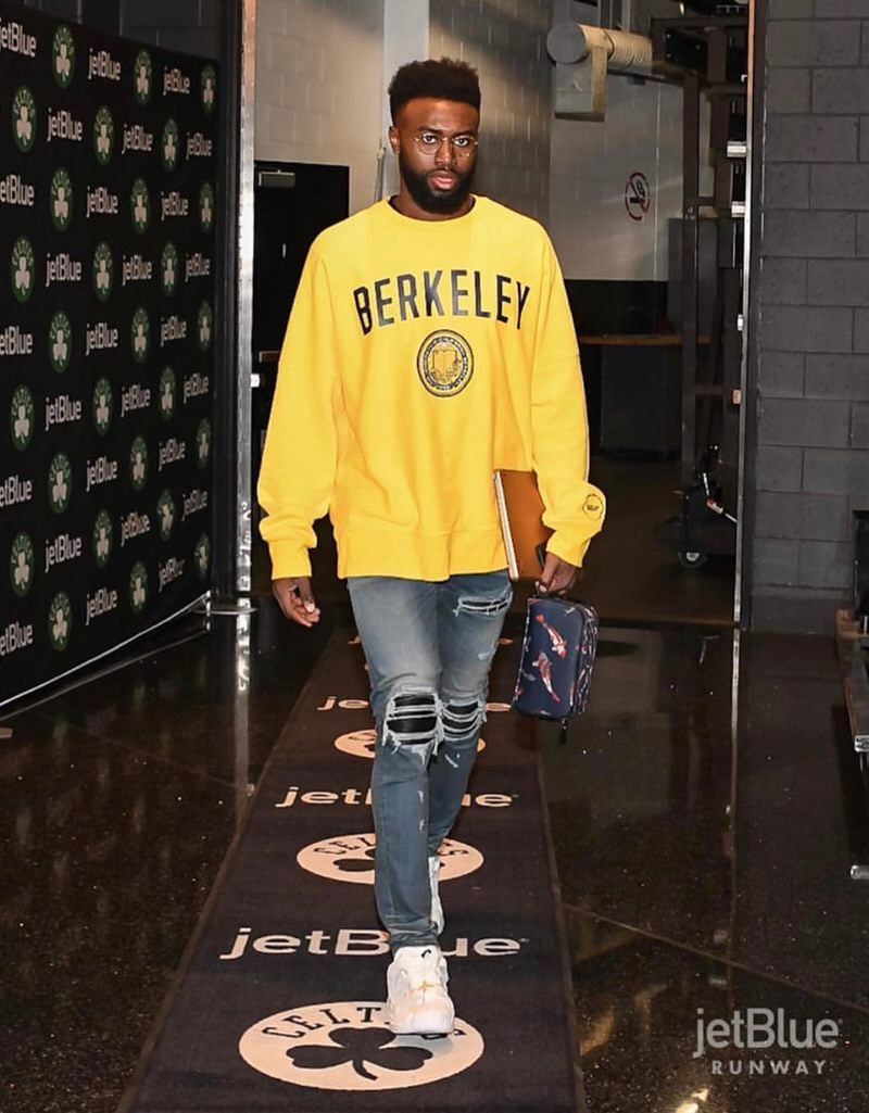 Jaylen Brown with the retro Berkeley crewneck and AMIRI MX1 Leather Patch jeans.