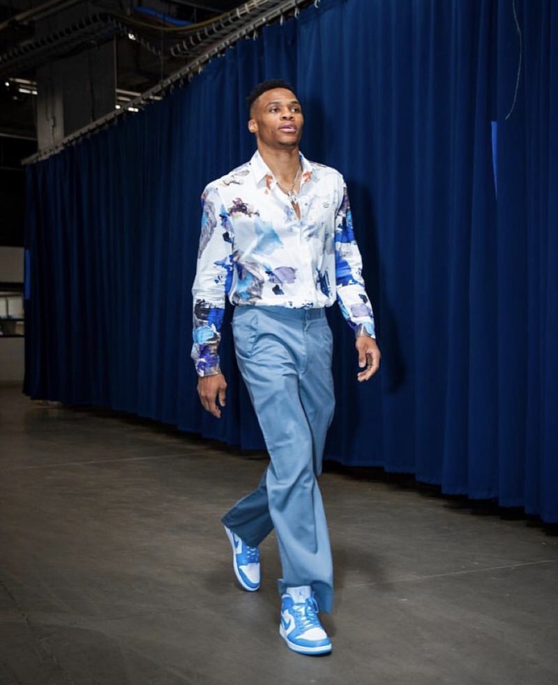 Russell Westbrook loosens up with men's suiting, featuring bright tones, patterns and OFF-WHITE Jordan 1s.
