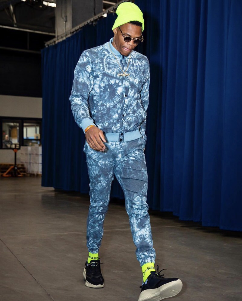 Russell Westbrook just wore neons, graphics and tie-dye in one single look.
