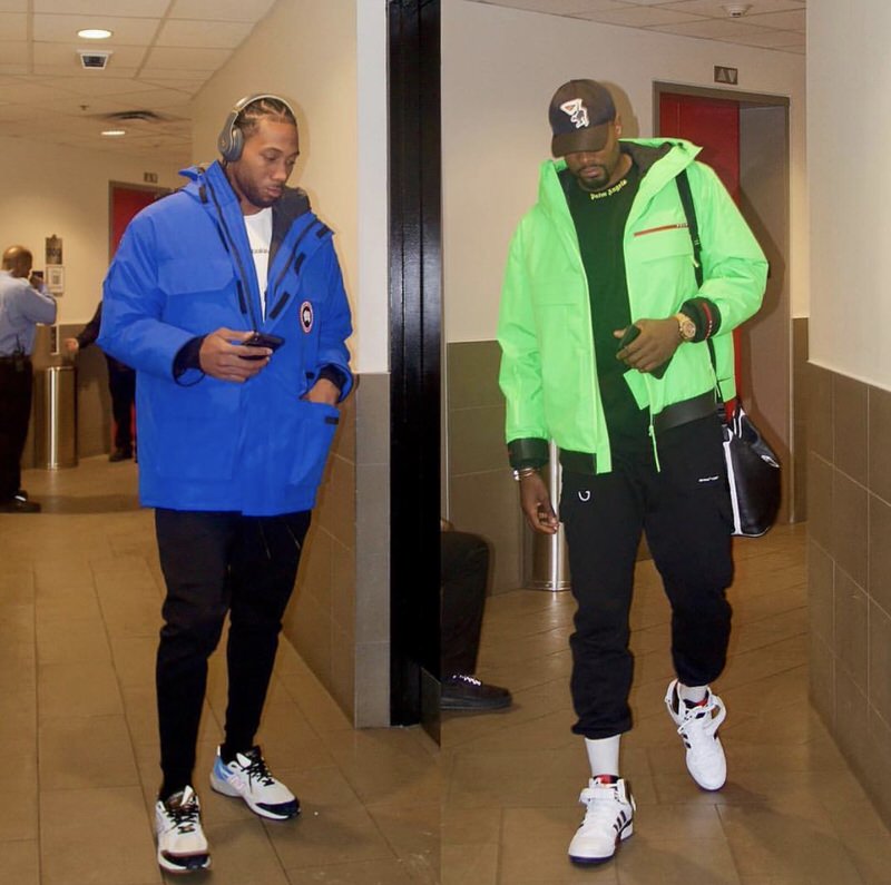 Kawhi Leonard and Serge Ibka both sporting this season color pop trend.